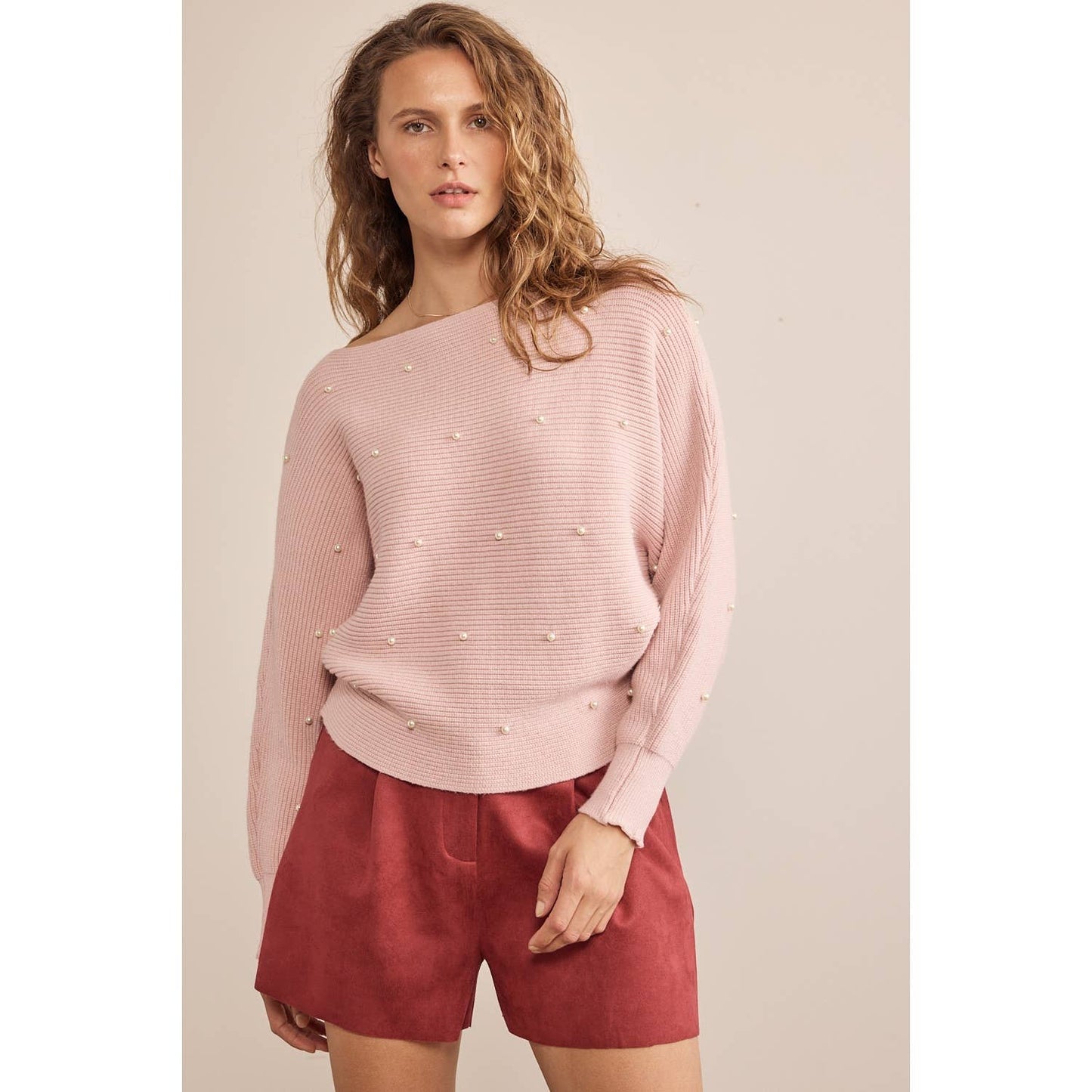 in february - Pearl Embellished Dolman Sleeved Sweater