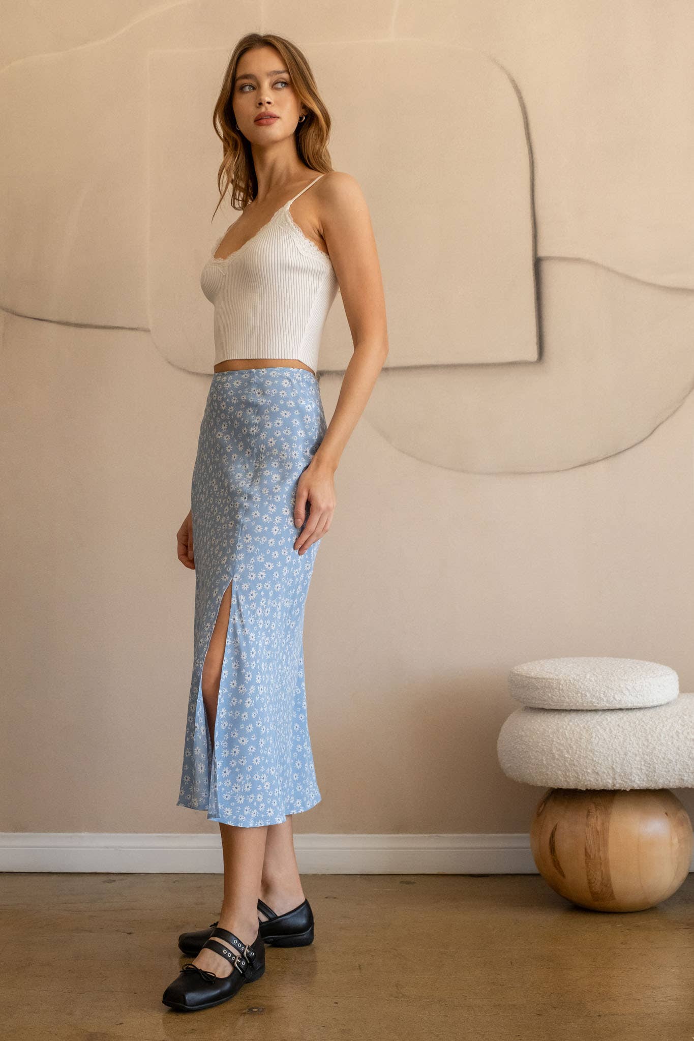 The Workshop Studio - Floral Side Slit Midi Skirt - Taupe