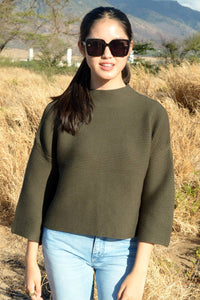 ESLEY - Solid Color Mock Neck Knit Sweater Top - Black