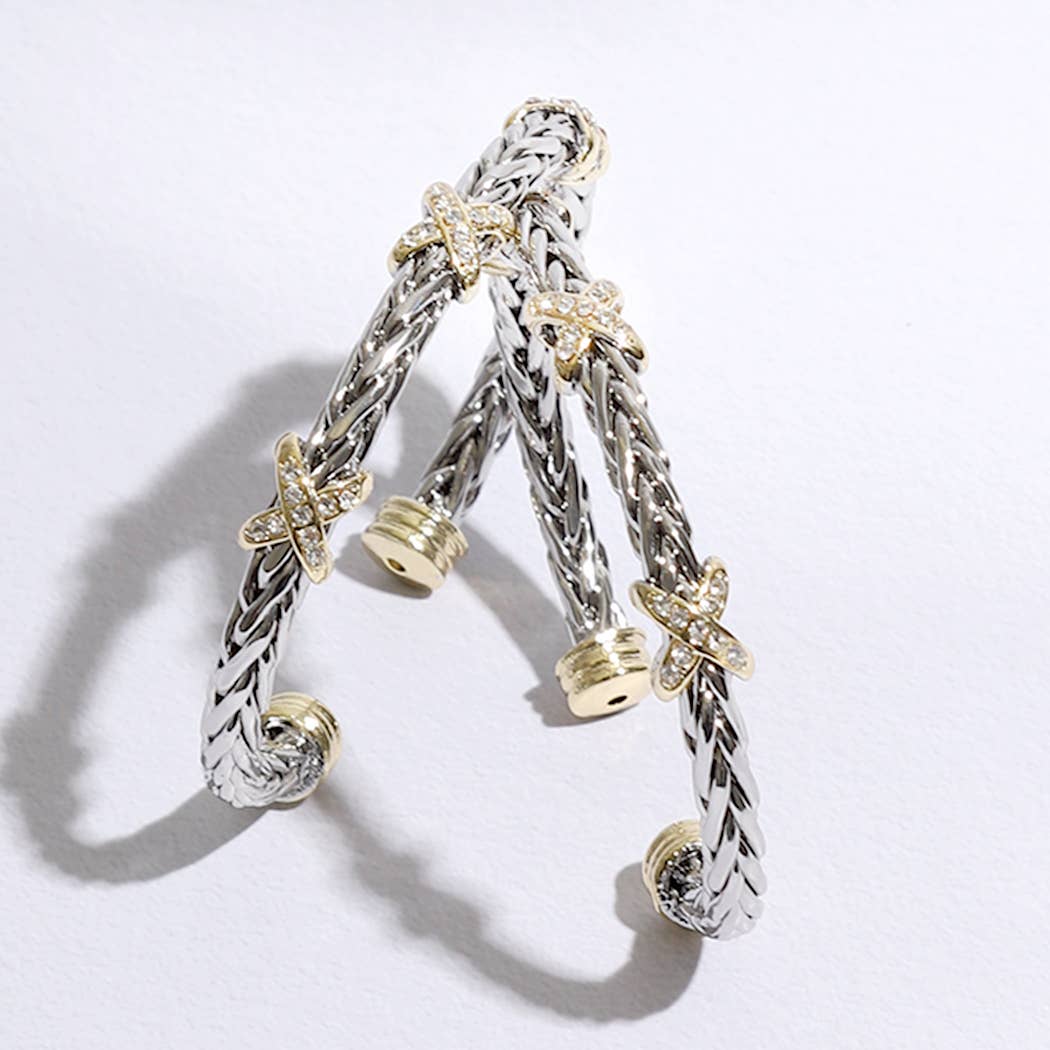 Fashion City - Three CZ X Stations Braided Bangle Bracelet