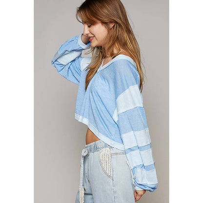 Pol Clothing - Oversize V-Neck Long Sleeve Basic Crop - Blue