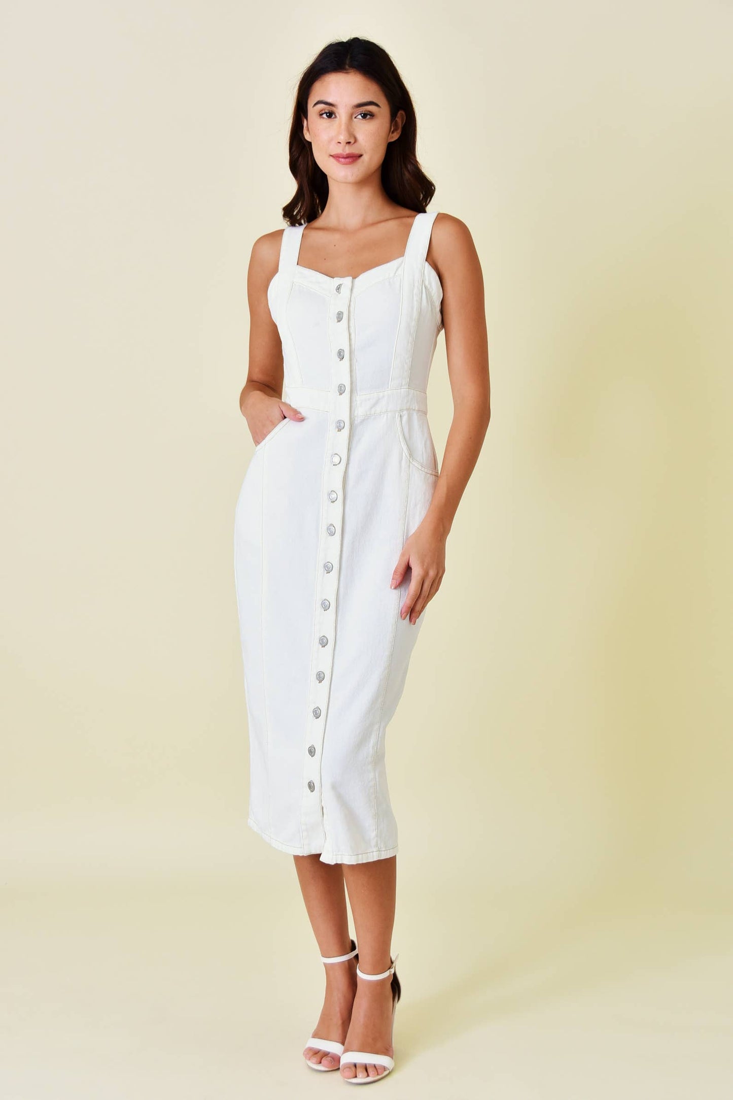 Fore Collection - Sleeveless Buttoned Denim Midi Dress - White