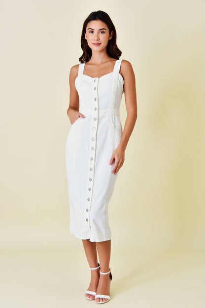 Fore Collection - Sleeveless Buttoned Denim Midi Dress - White