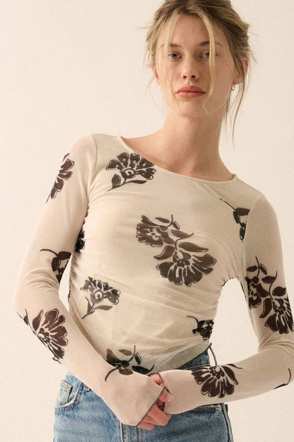 Promesa USA - Floral Mesh Asymmetrical Hem Cropped Knit Top