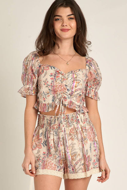 En Crème - Ruffle Rib Top and Lace Trim Shorts Set