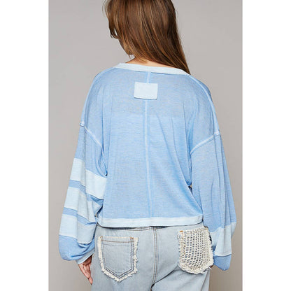 Pol Clothing - Oversize V-Neck Long Sleeve Basic Crop - Blue