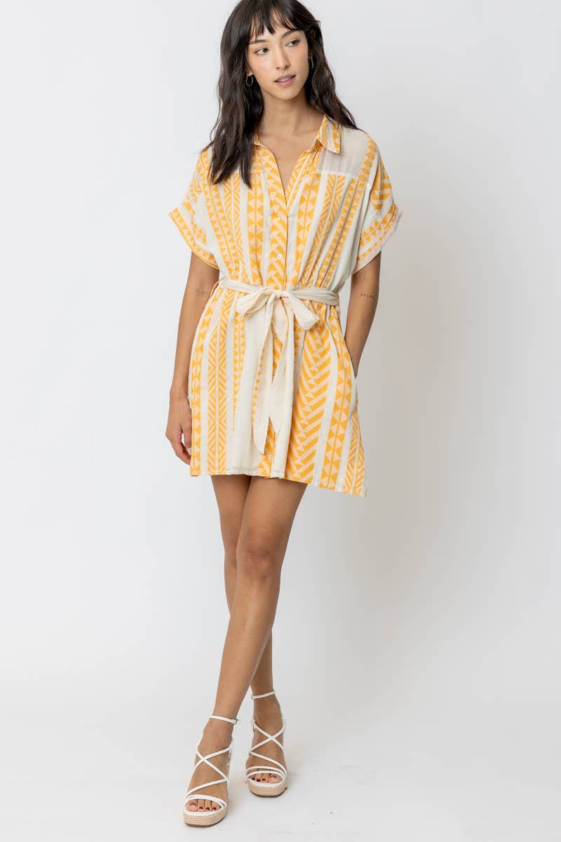 En Crème - Embroidered Belted Button Down Mini Shirt Dress