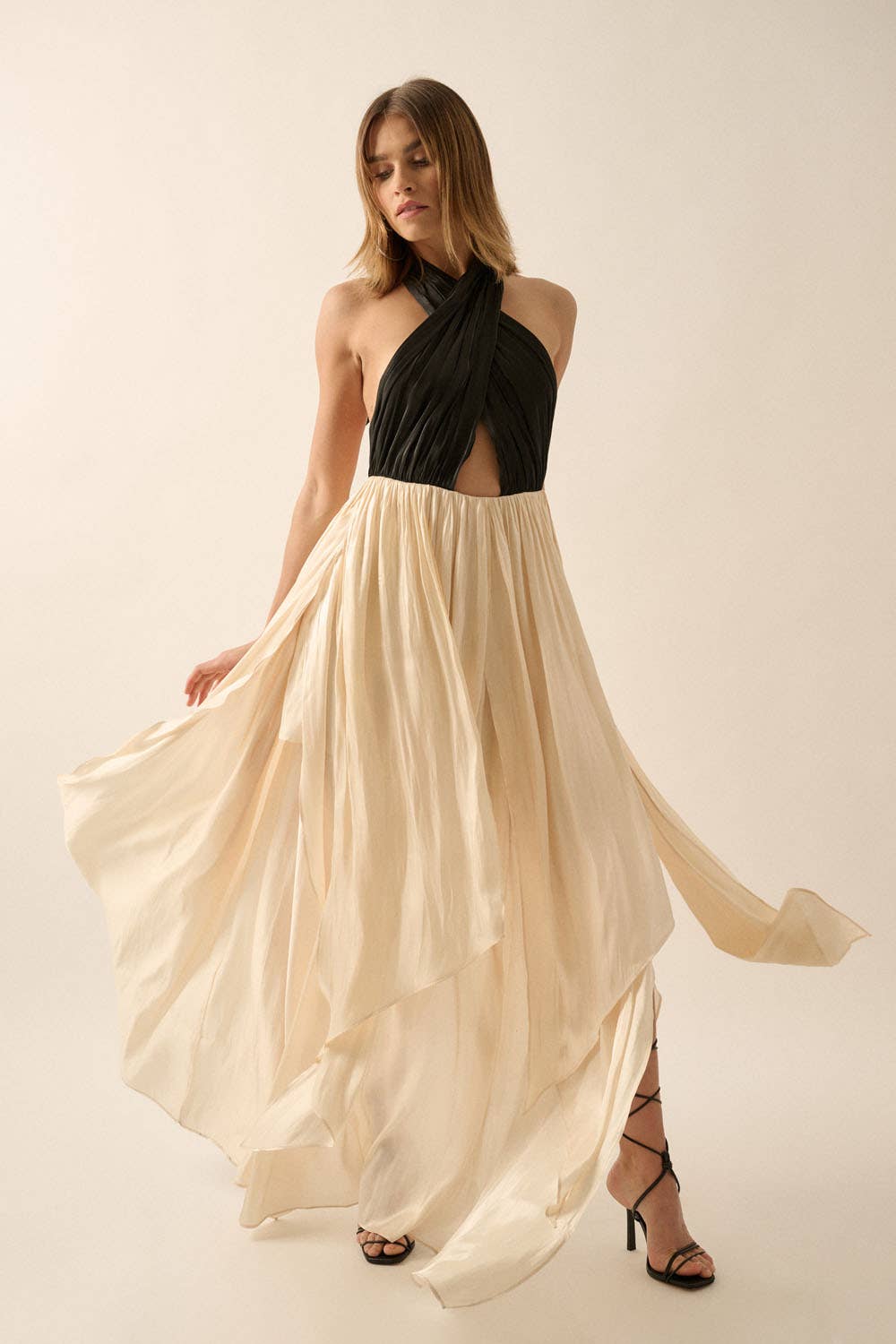 Promesa USA - Layered Satin Crisscross Halter Maxi Dress