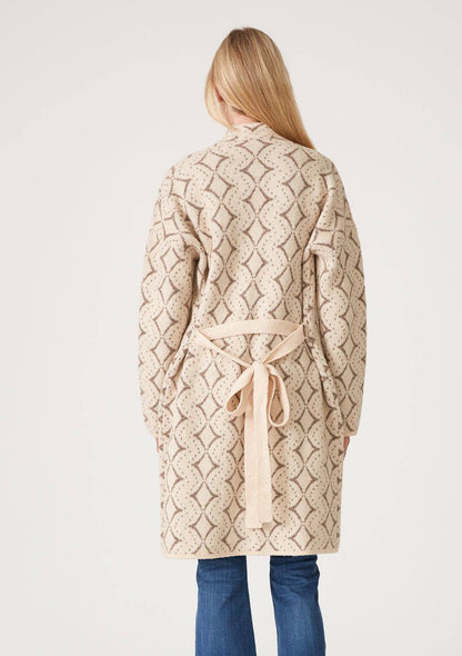 Lovestitch - Western Diamond Jacquard Belted Cardigan - Natural/Taupe