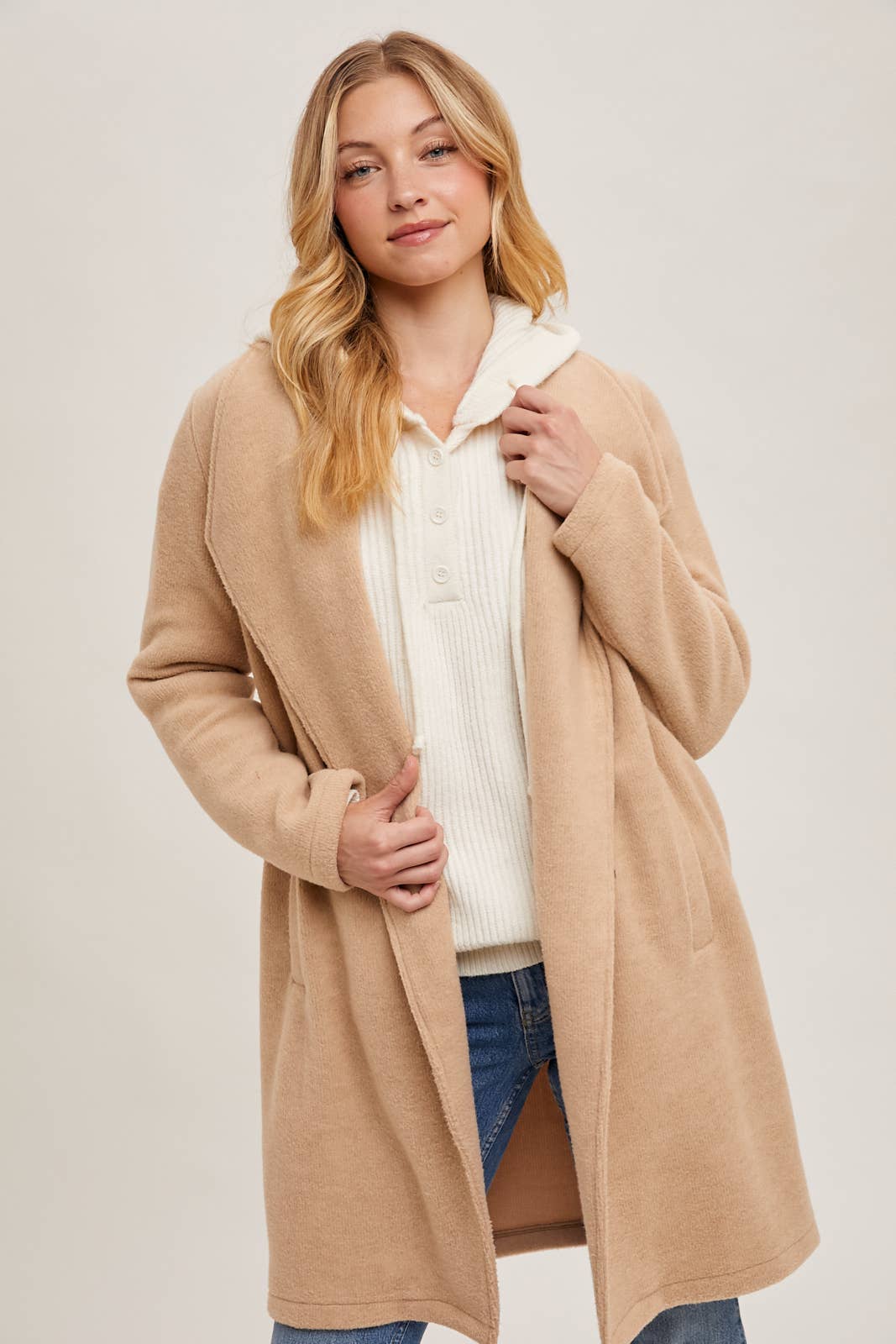 Bluivy - Open Front Knit Coat Jacket - Beige