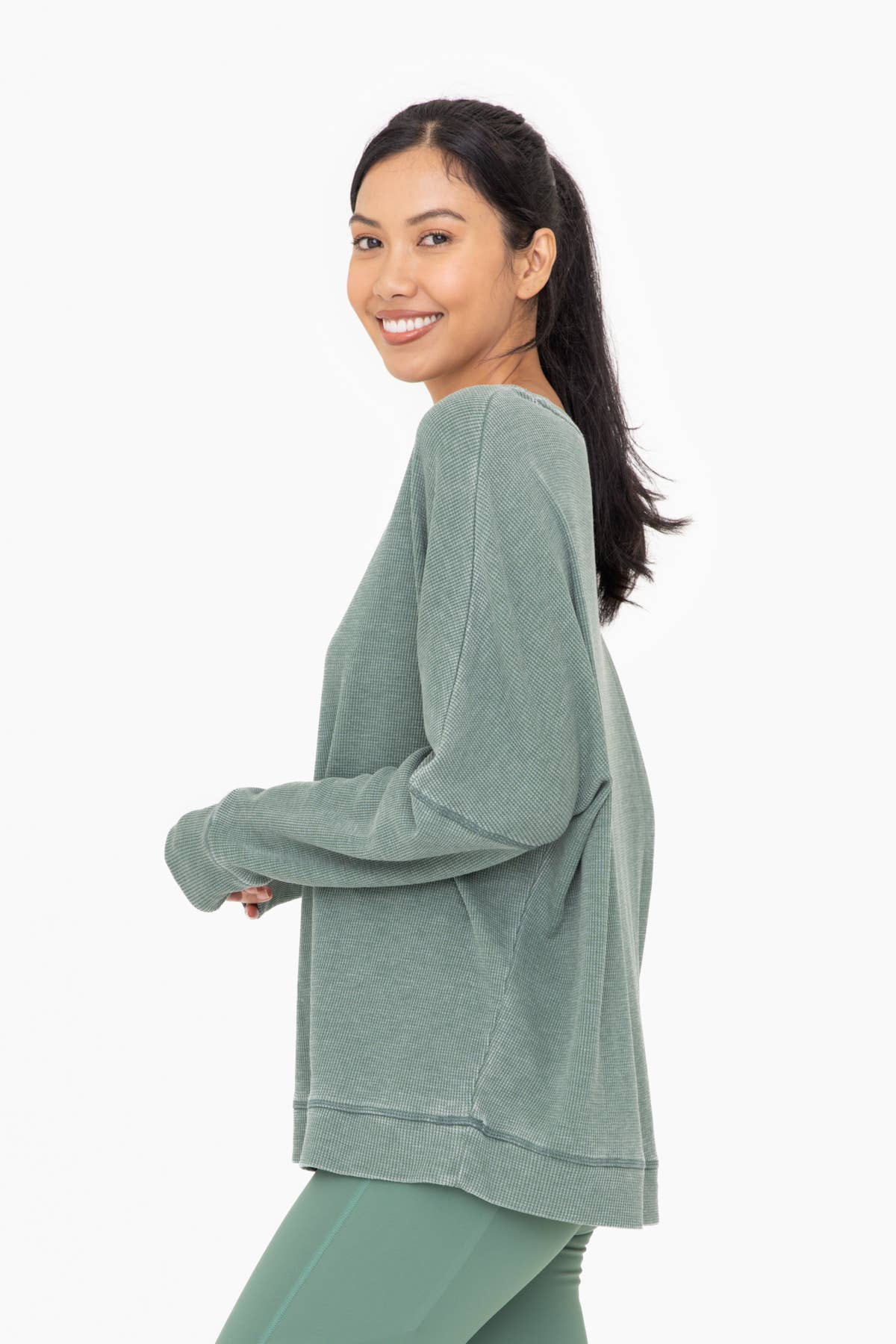 Mono B - Waffle Ribbed Roundneck Pullover - Green Kahki