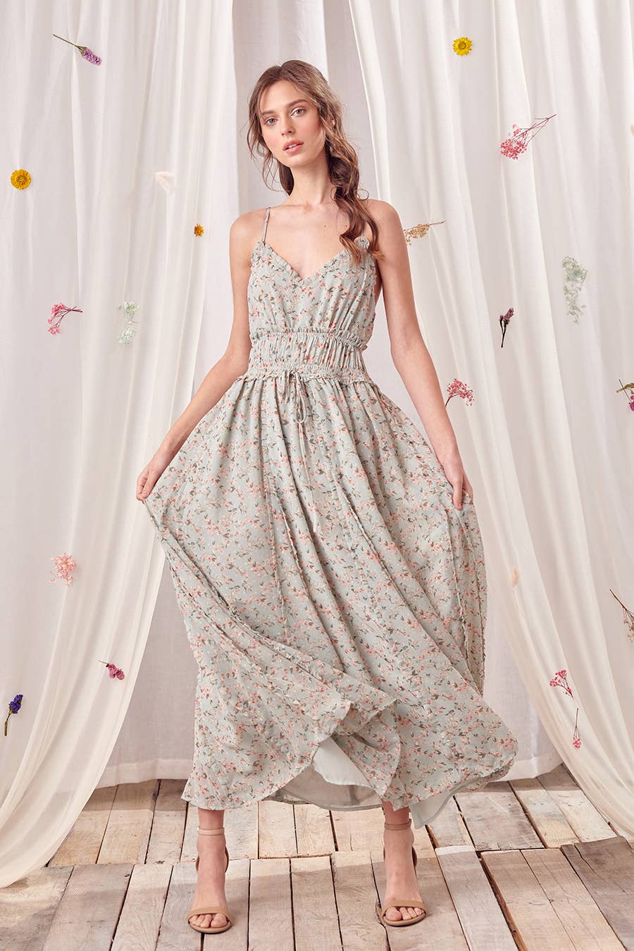 STORIA - Floral Print and Swiss Dots Maxi Dress