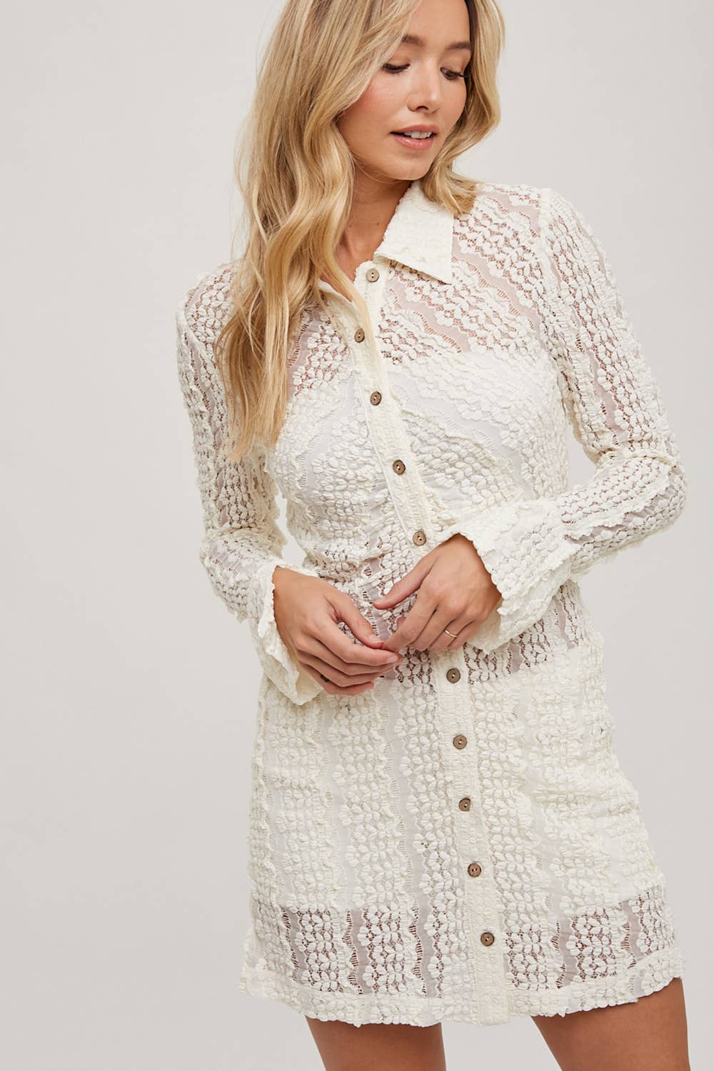 Bluivy - Lace Button Down Shirt Dress - Ecru