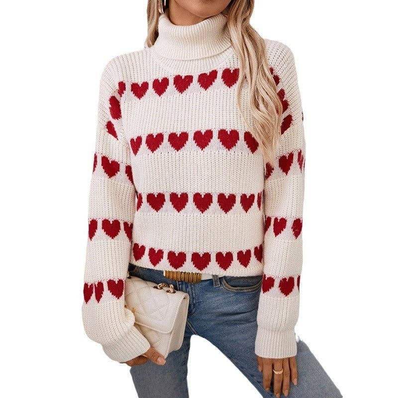 Sheer Trend - Loose Fit Heart Patterned Turtleneck Sweater