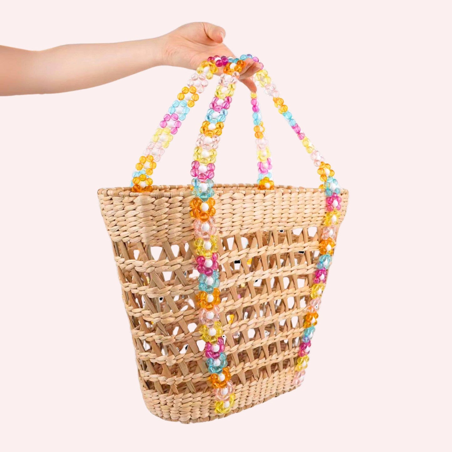 By Jenna Lee - Colorful Beaded Straw Beach Basket Tote