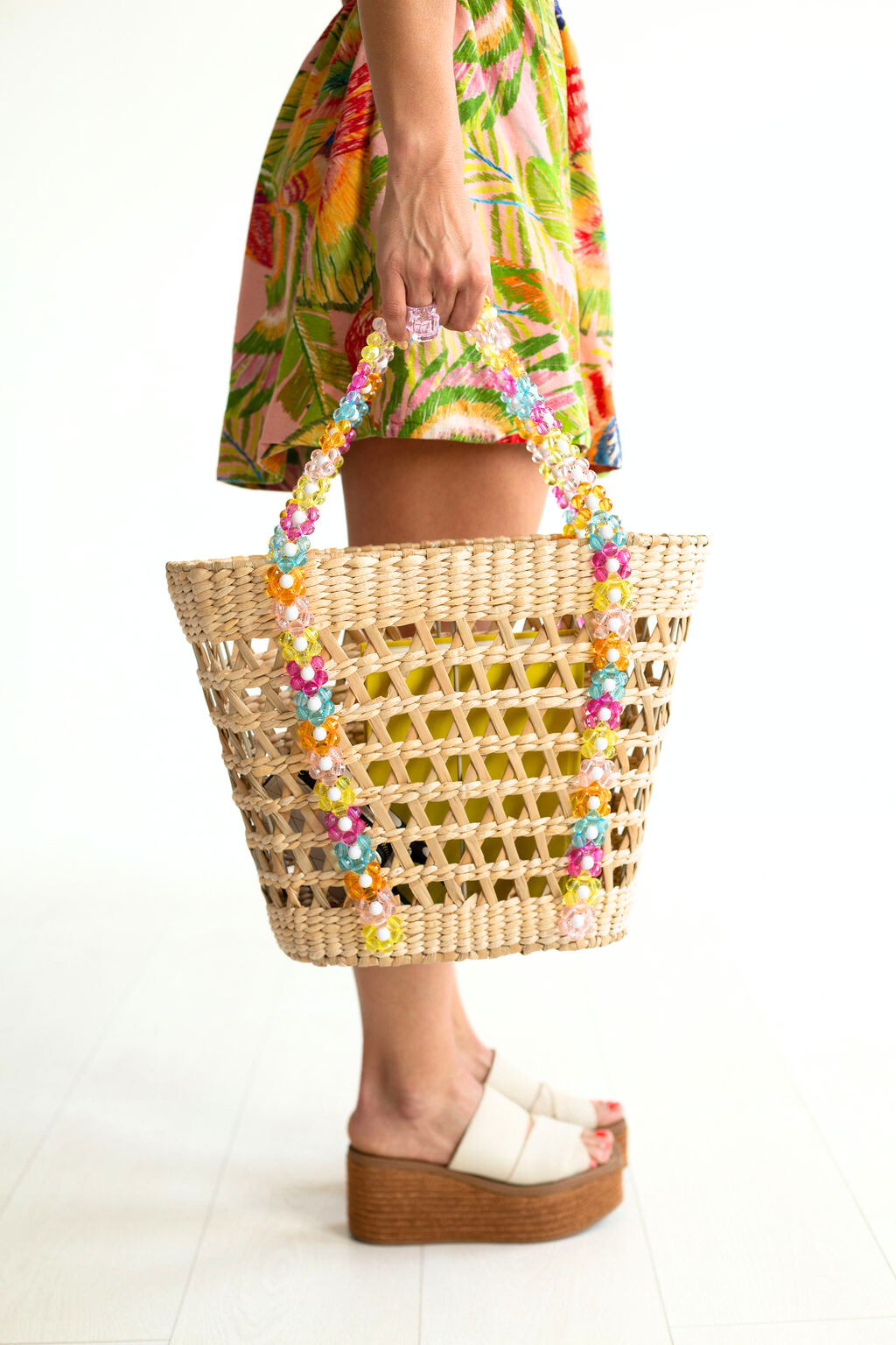 By Jenna Lee - Colorful Beaded Straw Beach Basket Tote