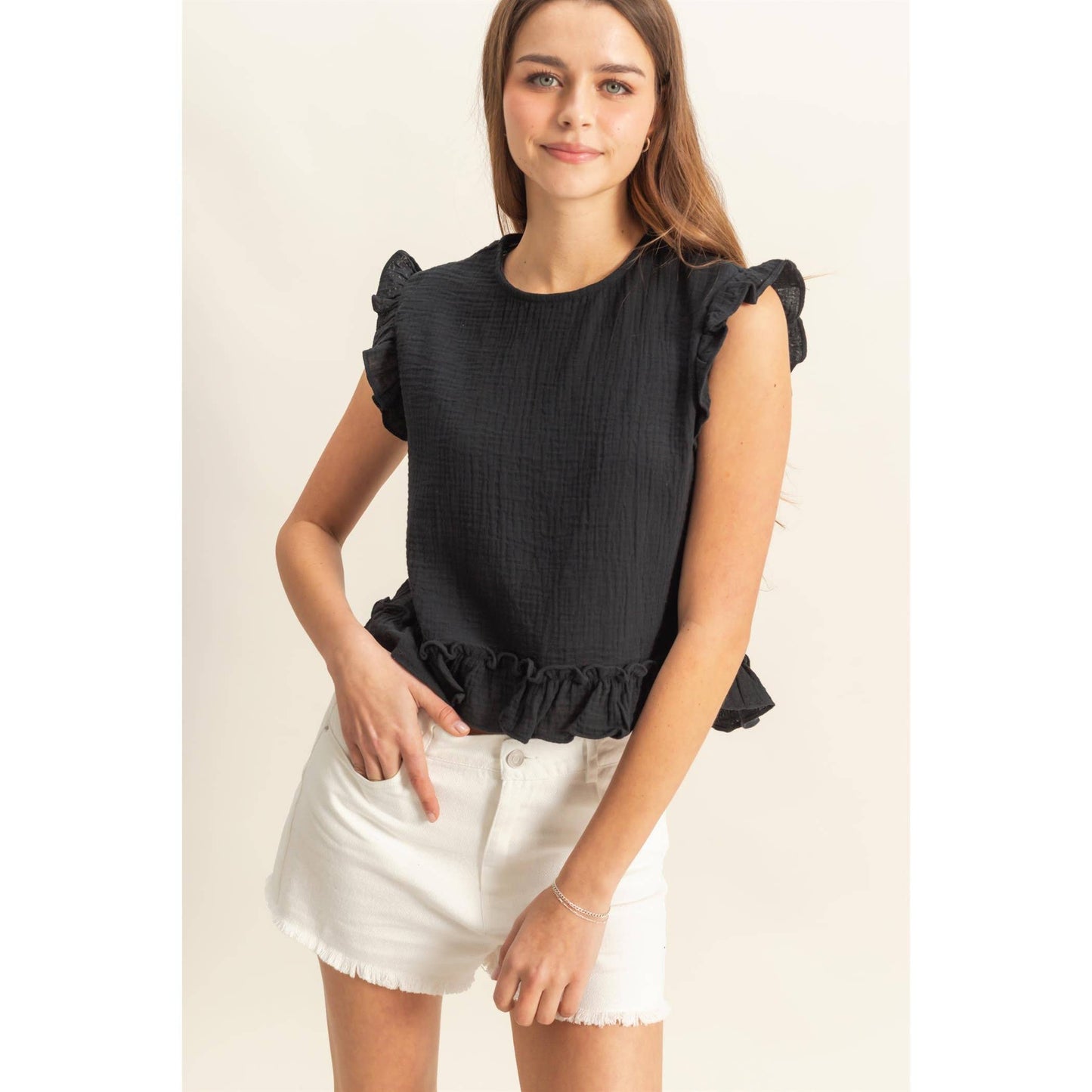 HYFVE - HF25A845-Double Gauze Ruffle Detail Sleeveless Top