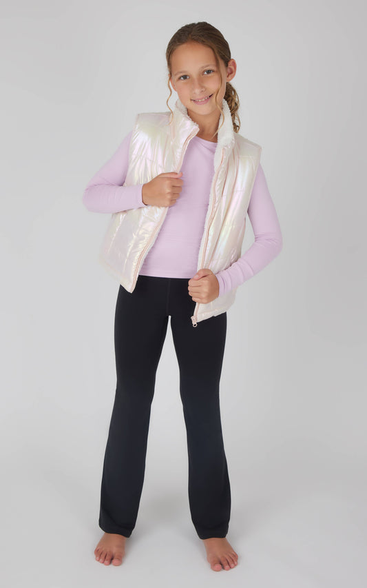 90 Degree by Reflex - Girls Quilted Sherpa Lining Vest, Top, Flare Pant - 3 PC Set: FAIR ORCHID/ IRIDESCENT SILVER/BLACK