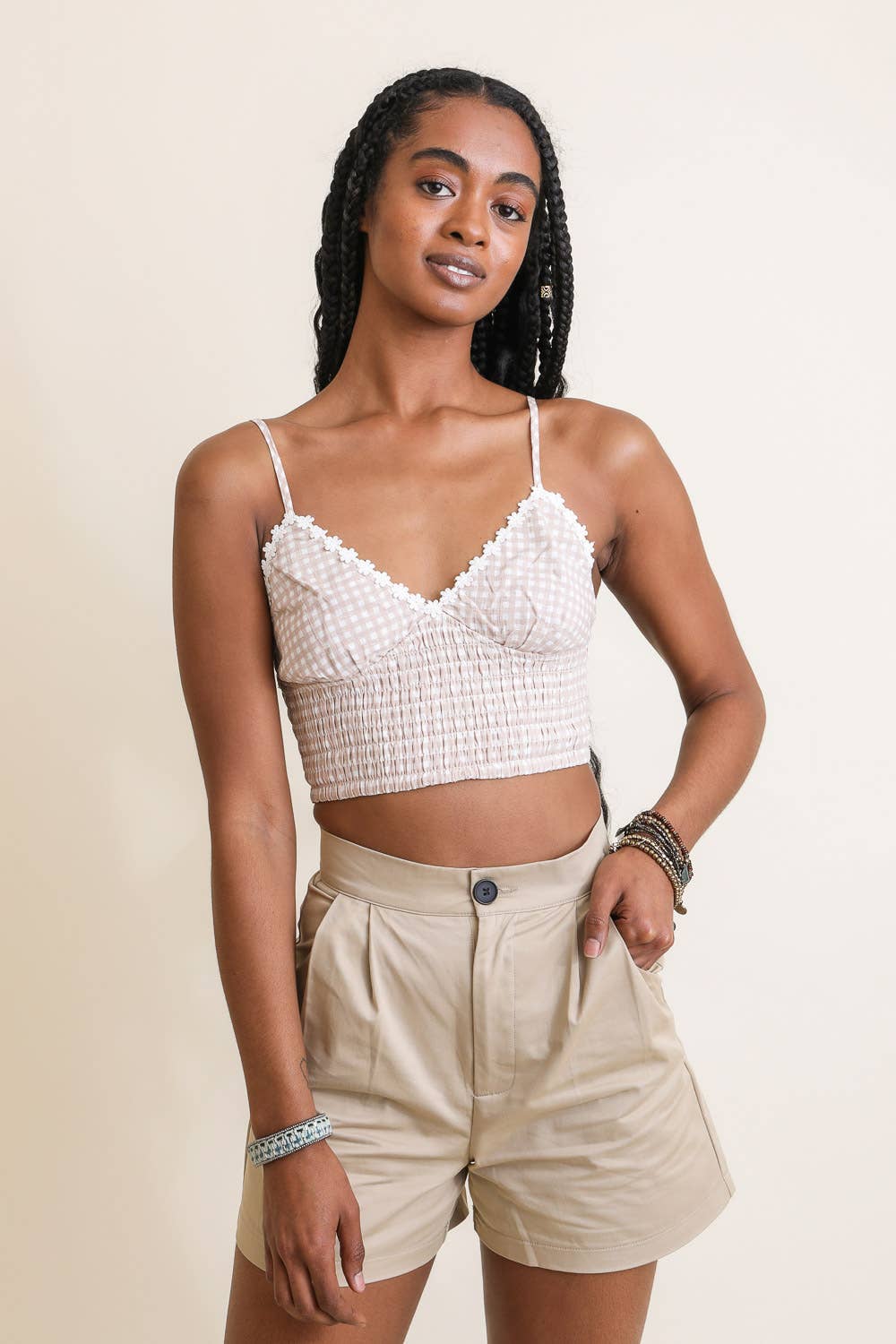 Leto Accessories - Gingham Smocked Bralette - Mocha