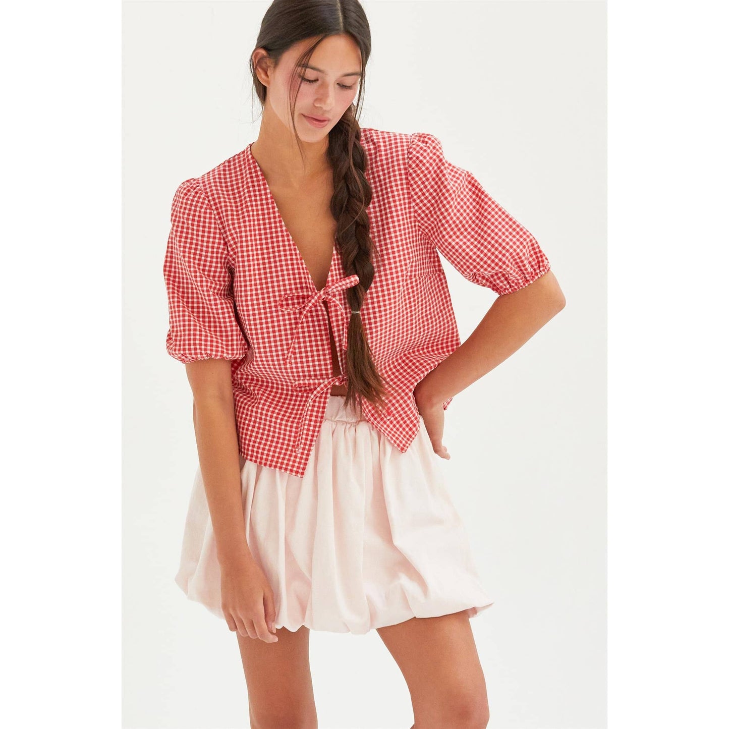 HYFVE - DZ25C145-Gingham Print Bow Tie Puff Sleeve Blouse