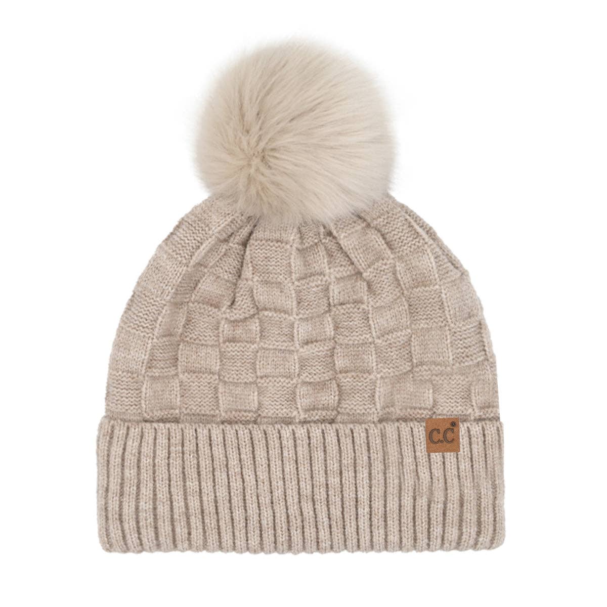 C.C Beanie - Woven Checkered Texture Pom C.C Beanie - Beige