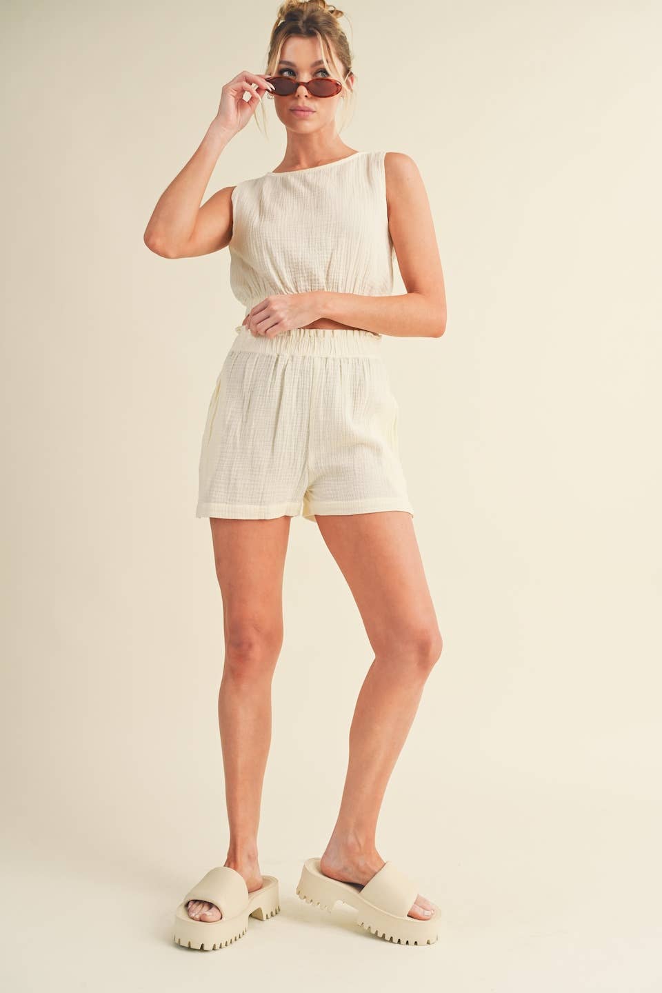 KIMBERLY C - Cotton Gauze Tank Short Set - Cream