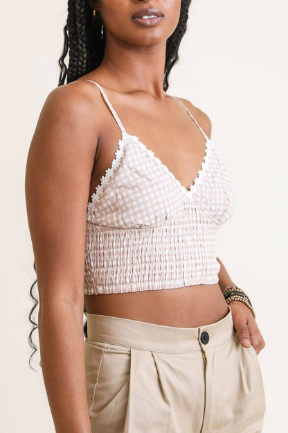 Leto Accessories - Gingham Smocked Bralette - Mocha