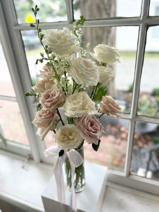 Ivory and Blush Rose Vase Arrangement - One Dozen