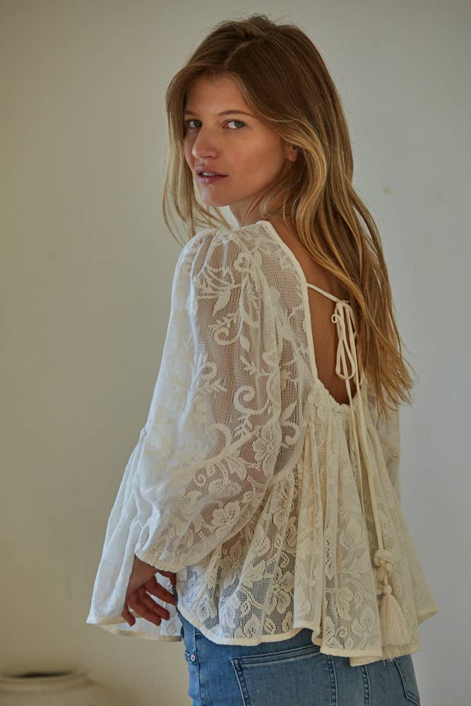 By Together - Woven Cotton Long Sleeve Open Back Lace Top