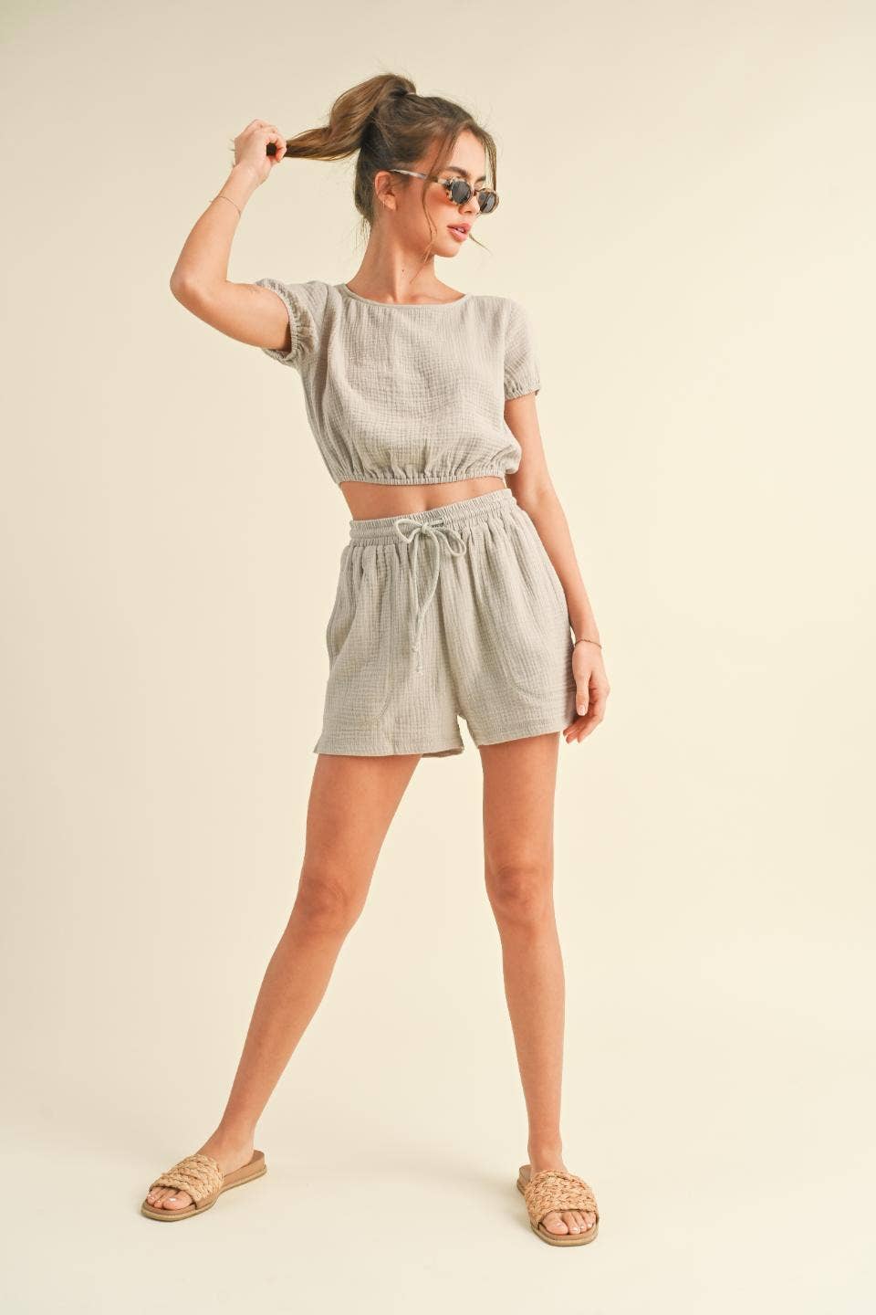 KIMBERLY C - Cotton Gauze Short Set - Lt Grey