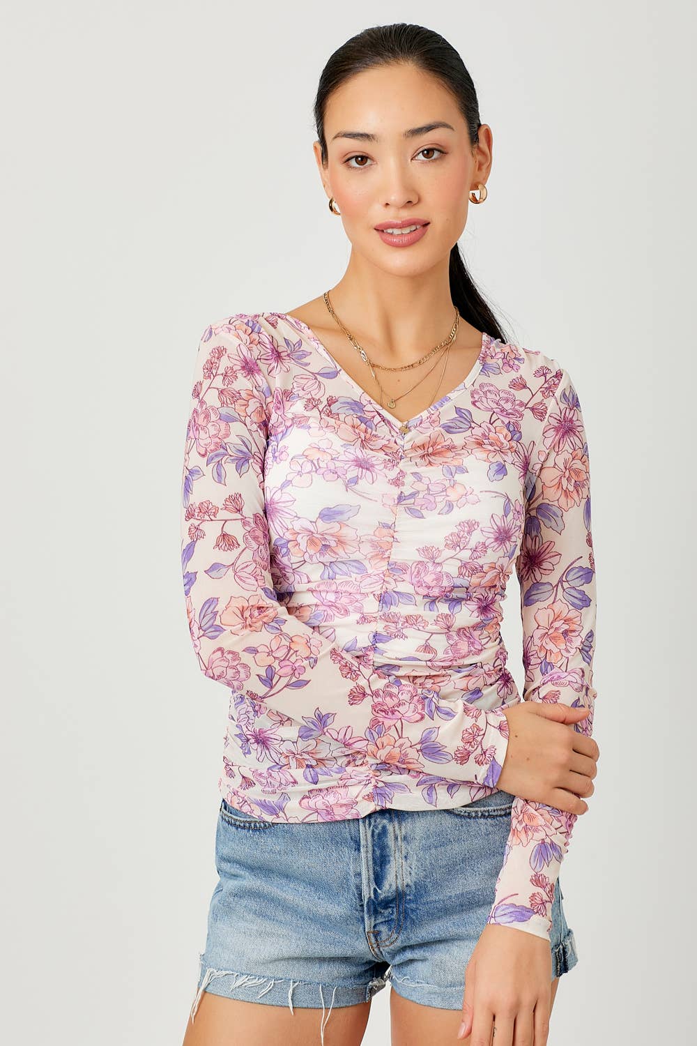 Mystree - Floral Ruching To - Cream Floral
