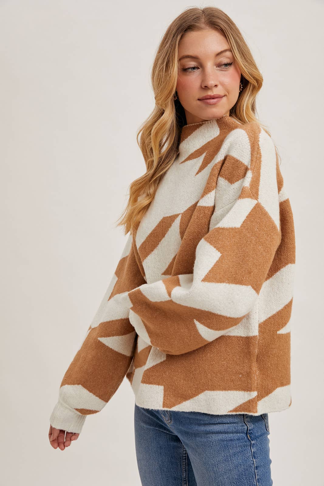 Bluivy - HOUNDSTOOTH MOCK NECK LOOSE FIT KNIT SWEATER