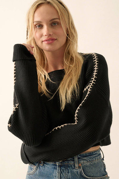 Promesa USA - Solid Round Neck Rib Knit Stitch Seam Sweater