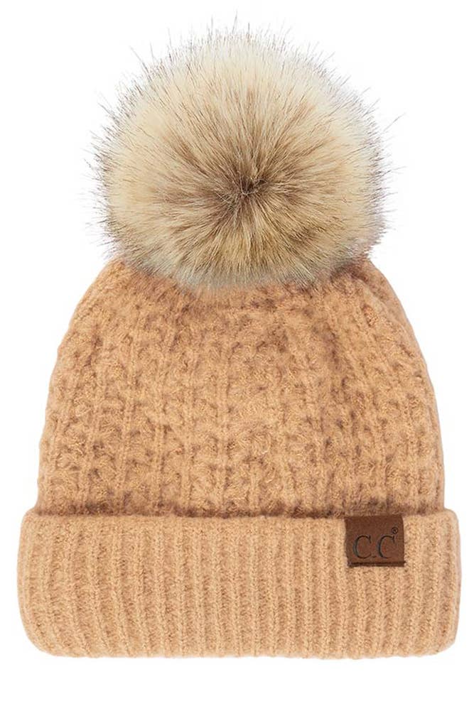 Hana - C.C Smocking Stitch Pattern Cuff Beanie with Pom Winter Hat