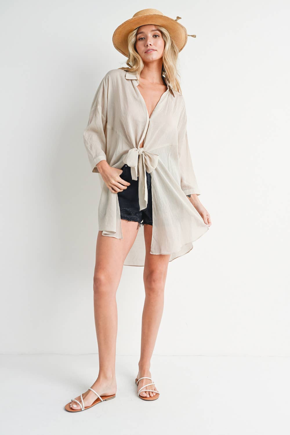 Bluivy - Tie-Front Dophin Hem Tunic Top