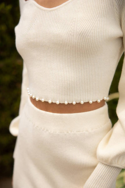 Endless Blu - Pearl Trim Long Sleeve Rib Knit Sweater Top
