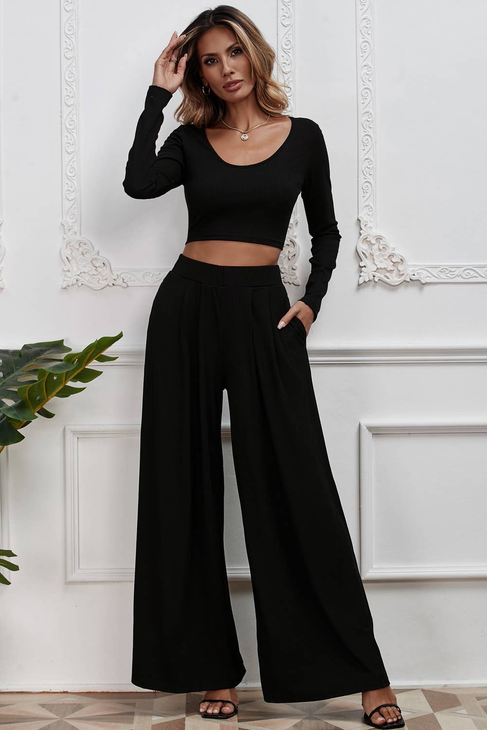 Little Daisy Closet - Solid Color Ribbed Crop Top Long Pants Set
