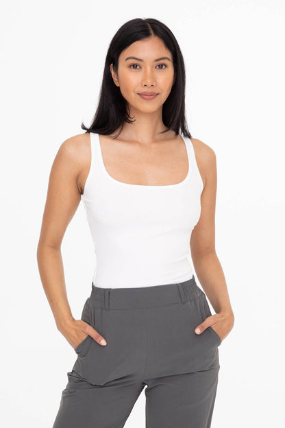 Mono B - Square Neck Ribbed Tank Top - White