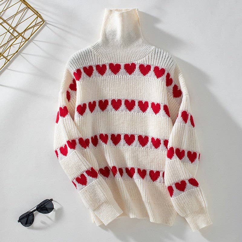 Sheer Trend - Loose Fit Heart Patterned Turtleneck Sweater