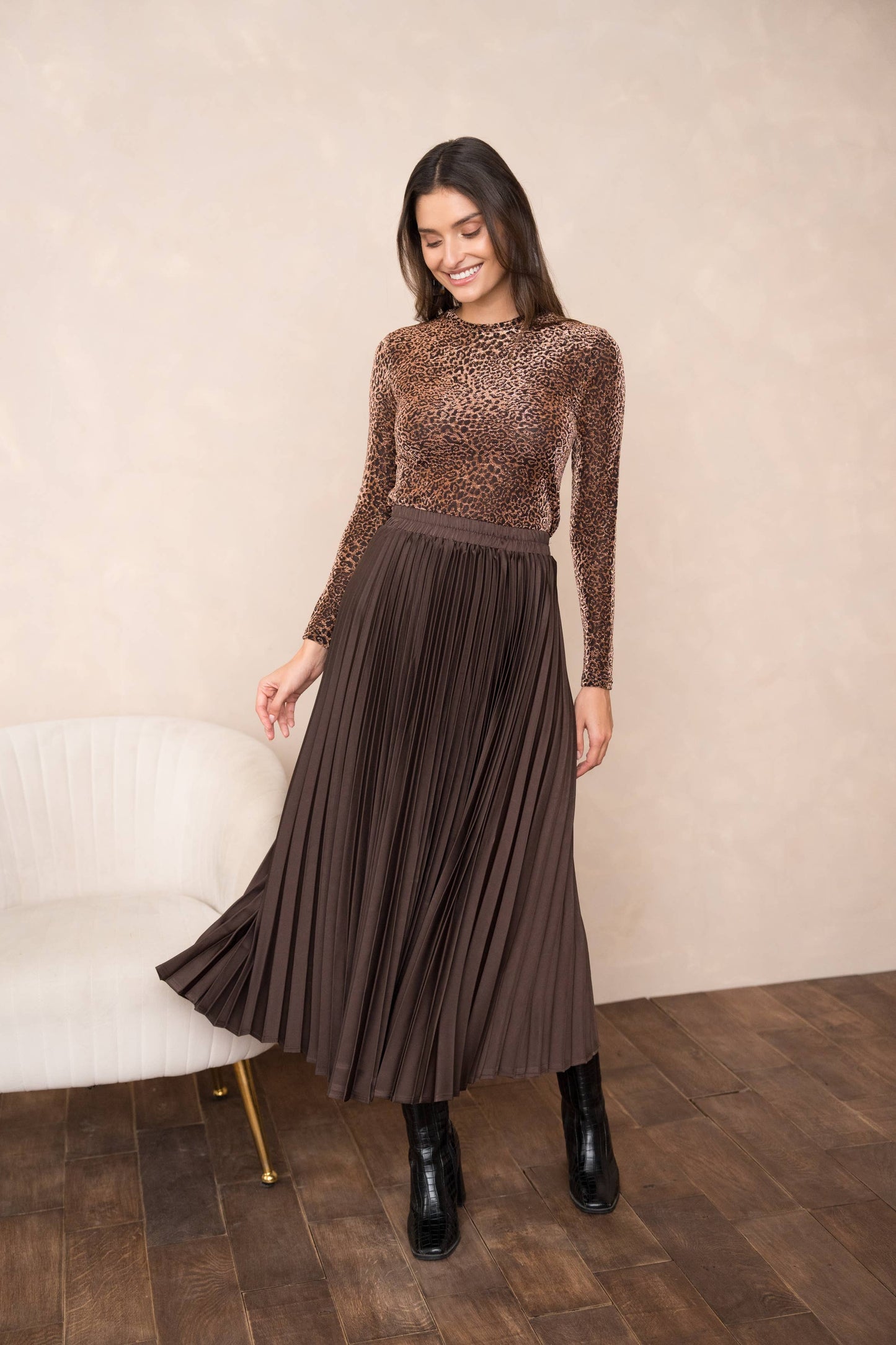 Choklate Paris - Solid Satin Pleated Skirt - Dark Khaki