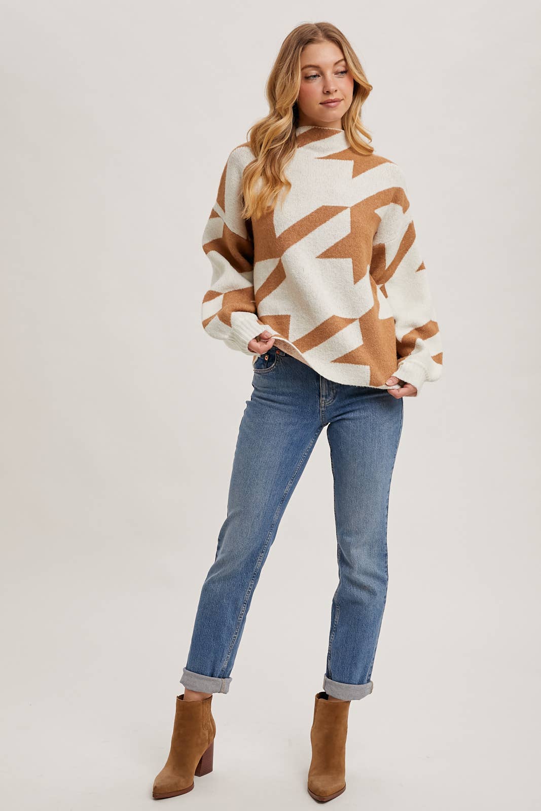 Bluivy - HOUNDSTOOTH MOCK NECK LOOSE FIT KNIT SWEATER