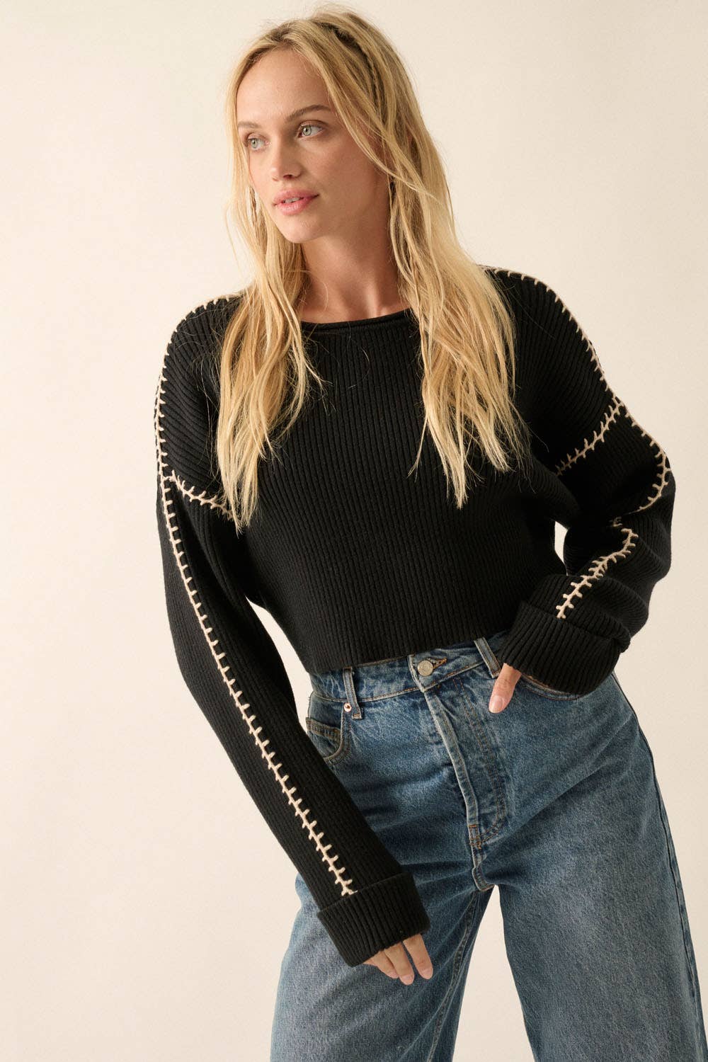 Promesa USA - Solid Round Neck Rib Knit Stitch Seam Sweater