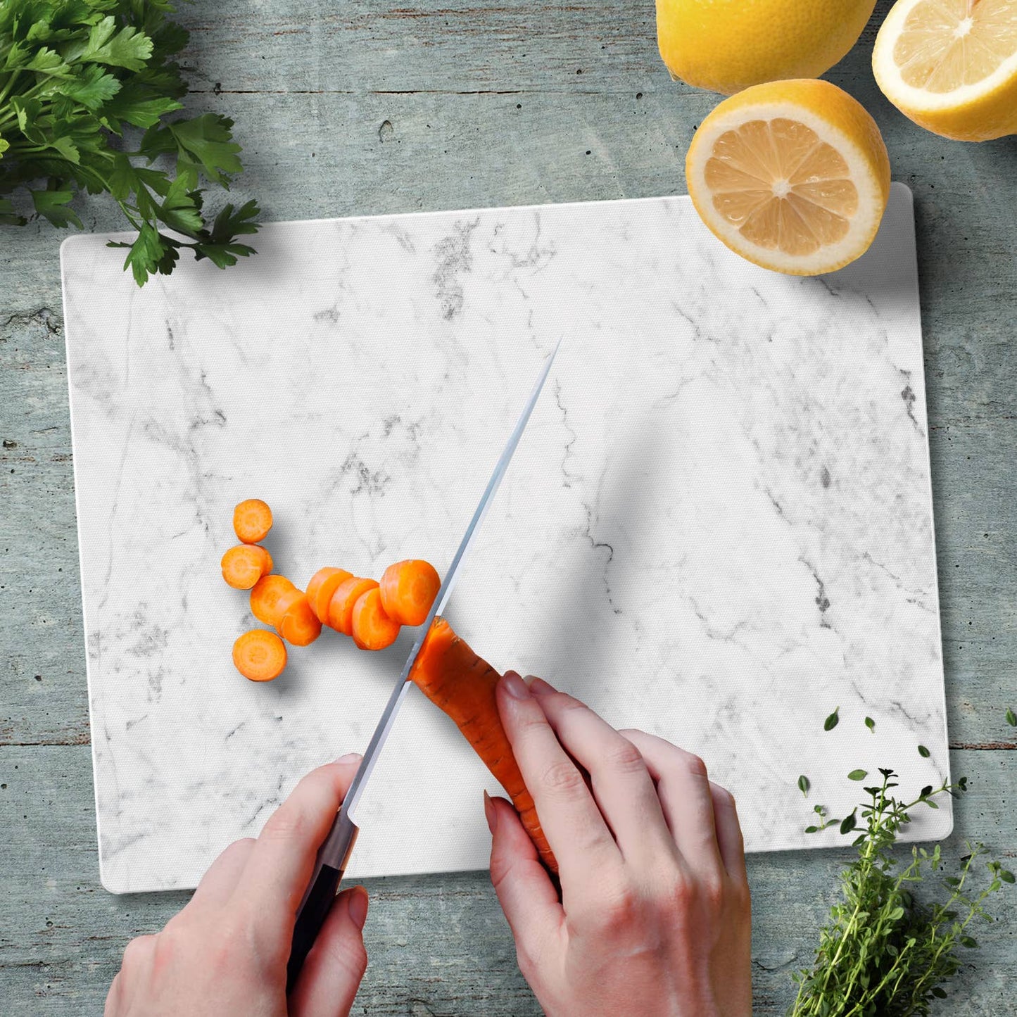 CounterArt and Highland Home - White Marble Design 15" x 12" Tempered Glass Cutting Board