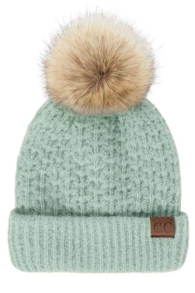 Hana - C.C Smocking Stitch Pattern Cuff Beanie with Pom Winter Hat