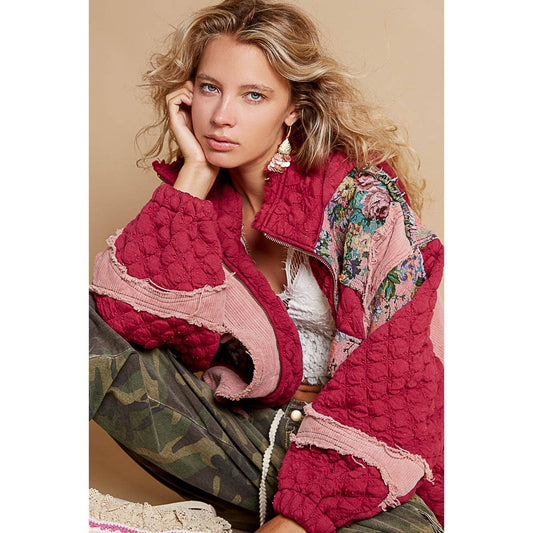 Pol Clothing - Oversize Floral Print Contrast Qulited Jacket