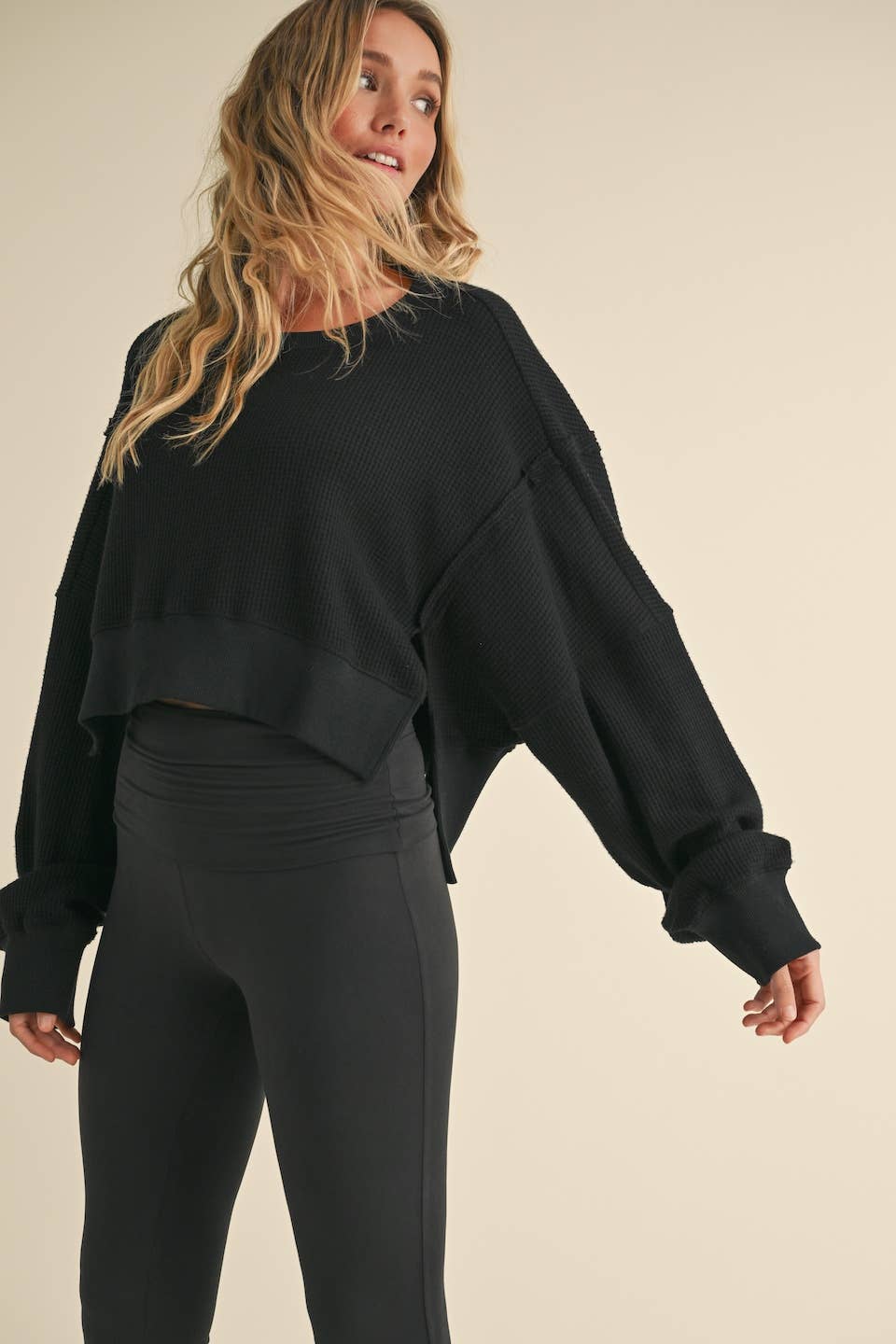 KIMBERLY C - Waffle Knit Oversized Long Sleeve Top - Black