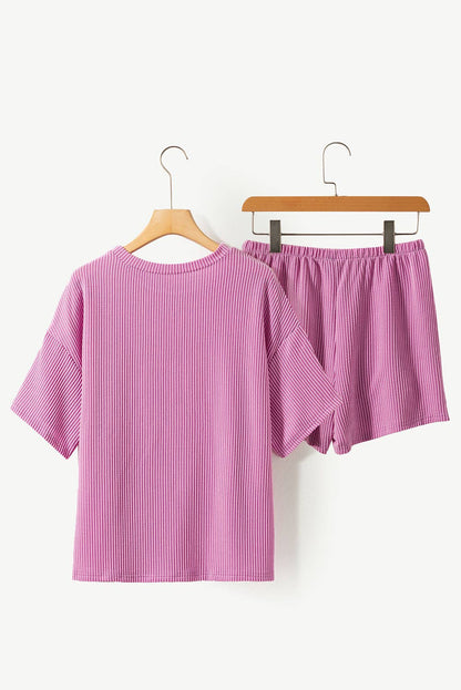 Aapparella - Textured Tee and Shorts Two Piece Set - Pink