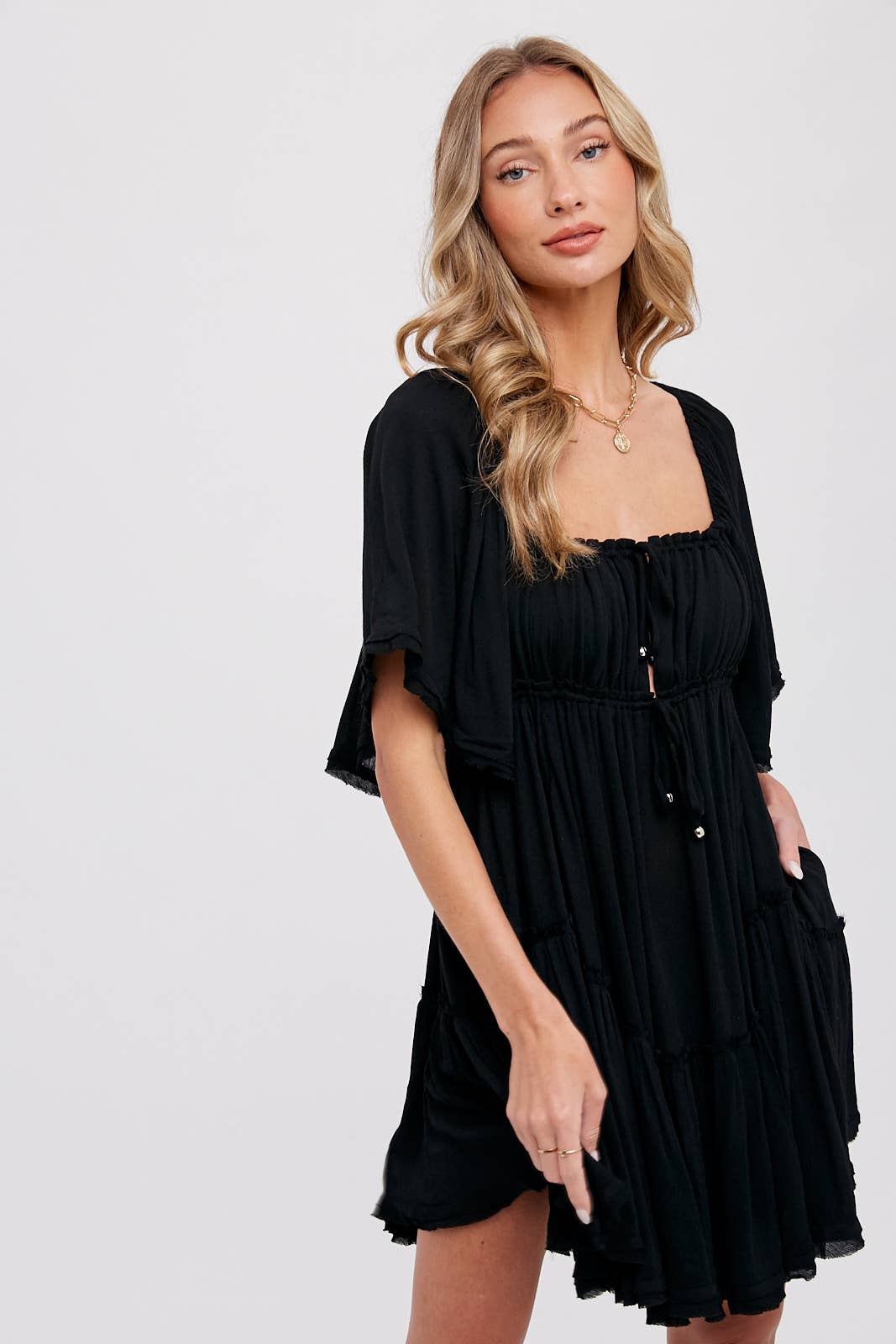 Bluivy - Ruffled Hem Ruched Mini Dress - Black