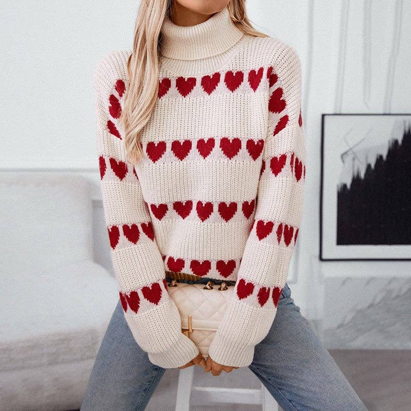 Sheer Trend - Loose Fit Heart Patterned Turtleneck Sweater