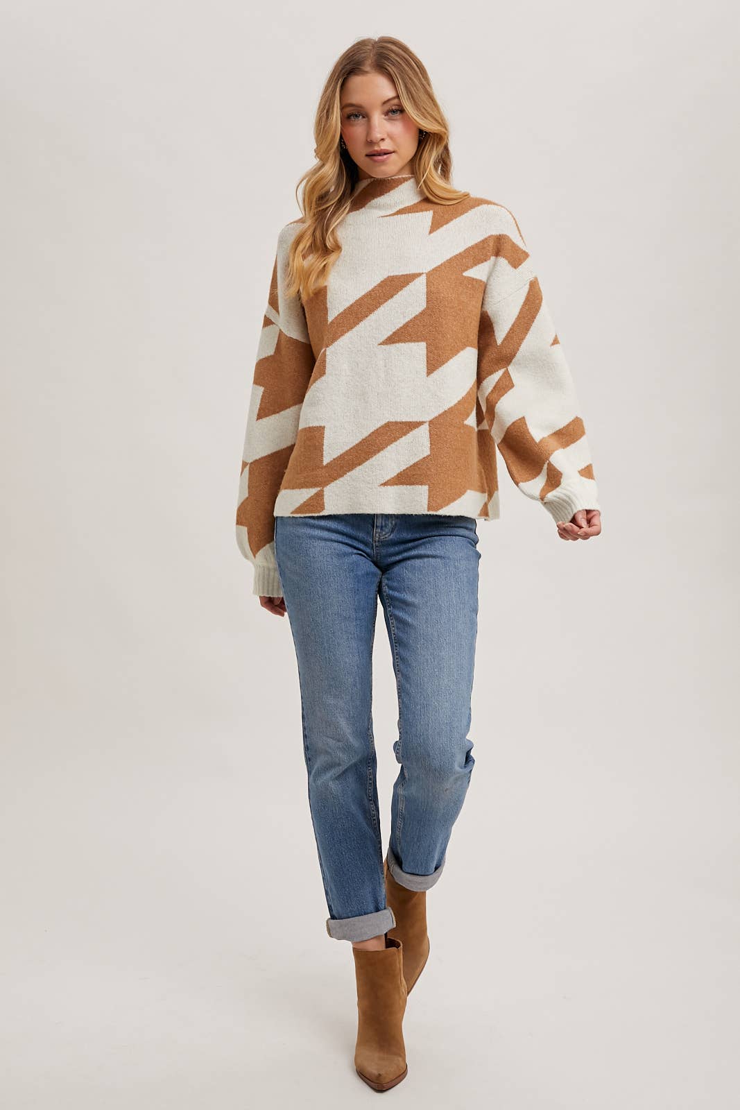Bluivy - HOUNDSTOOTH MOCK NECK LOOSE FIT KNIT SWEATER